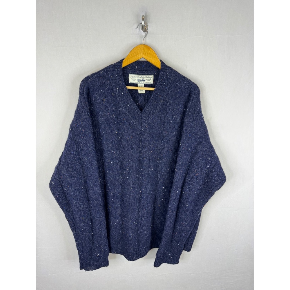 90s Gap Mens XL Navy Blue Donegal Tweed Wool Cable Knit Donegal Sweater Vintage